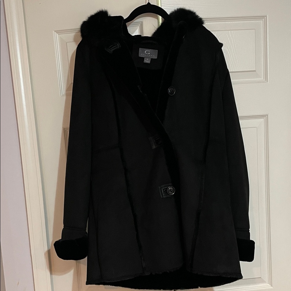 Gallery Black Pea Coat with Fur Accents